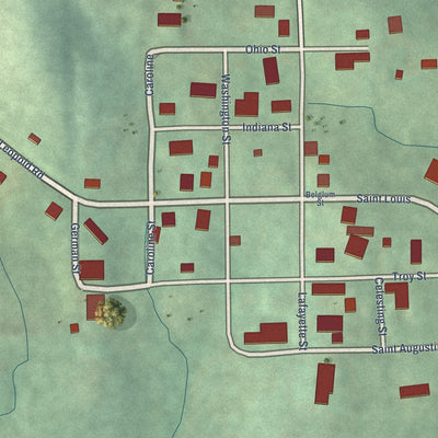 Close-up of the map of Leopold, Indiana print showing street and building detail