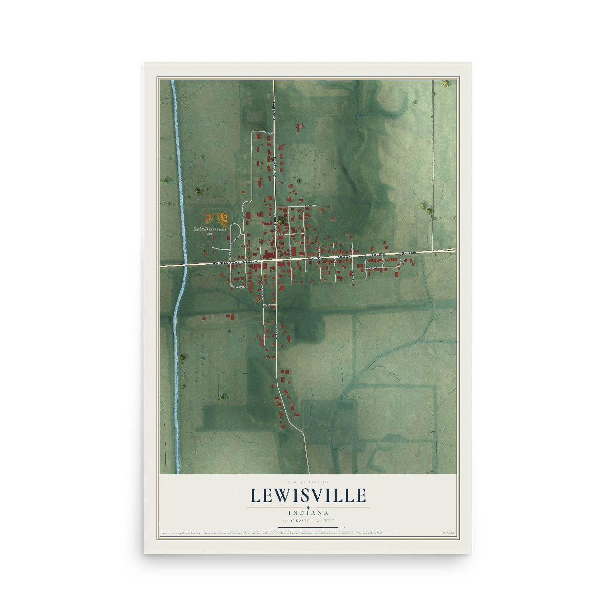 Map of Lewisville, Indiana, 12 x 18 inch unframed archival matte print