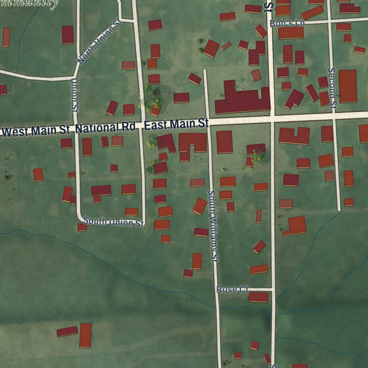 Close-up of the map of Lewisville, Indiana print showing street and building detail