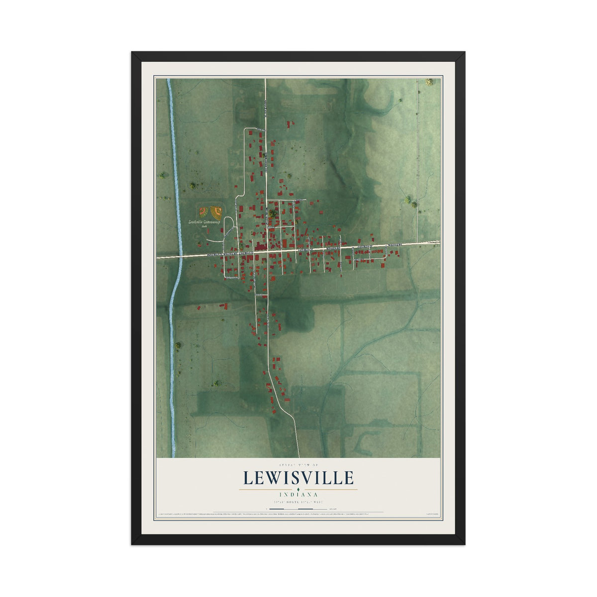 Map of Lewisville, Indiana, 12 x 18 inch print in a black wood frame