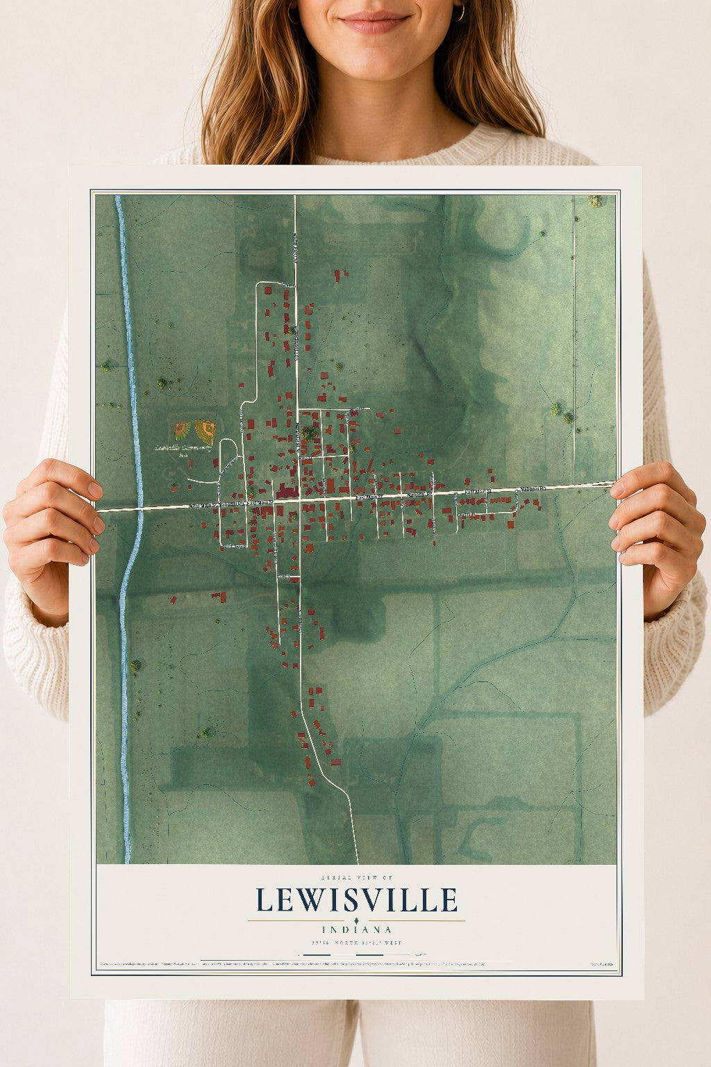 Map of Lewisville, Indiana, 18 x 24 inch unframed archival matte print