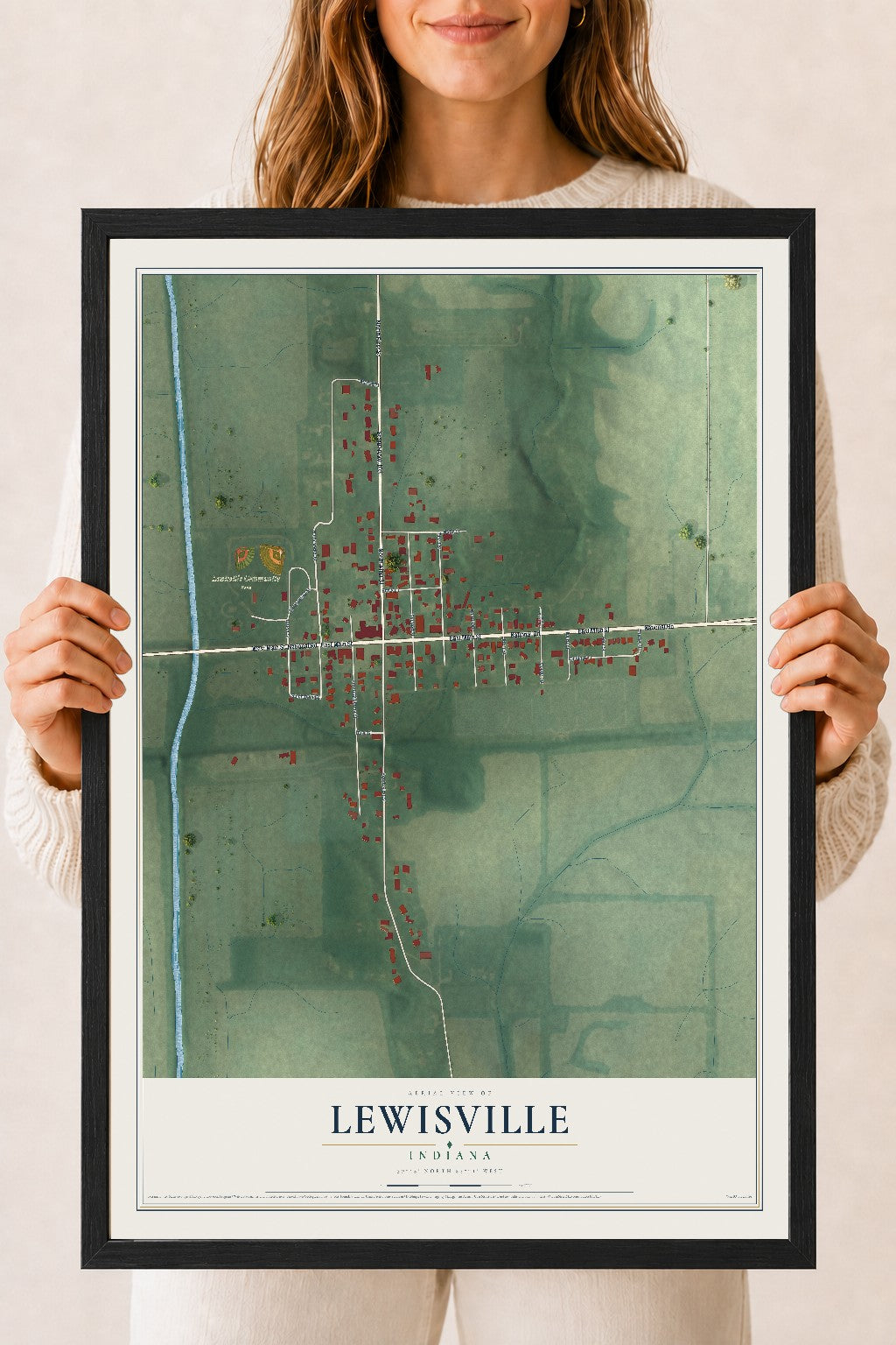Map of Lewisville, Indiana, 18 x 24 inch print in a black wood frame