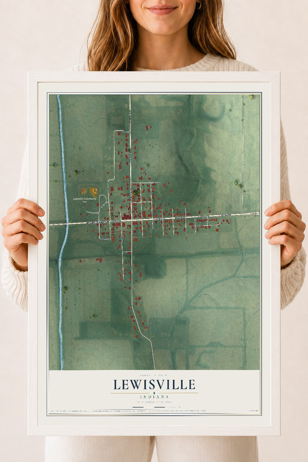 Map of Lewisville, Indiana, 18 x 24 inch print in a white wood frame