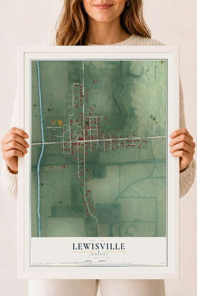 Map of Lewisville, Indiana, 18 x 24 inch print in a white wood frame