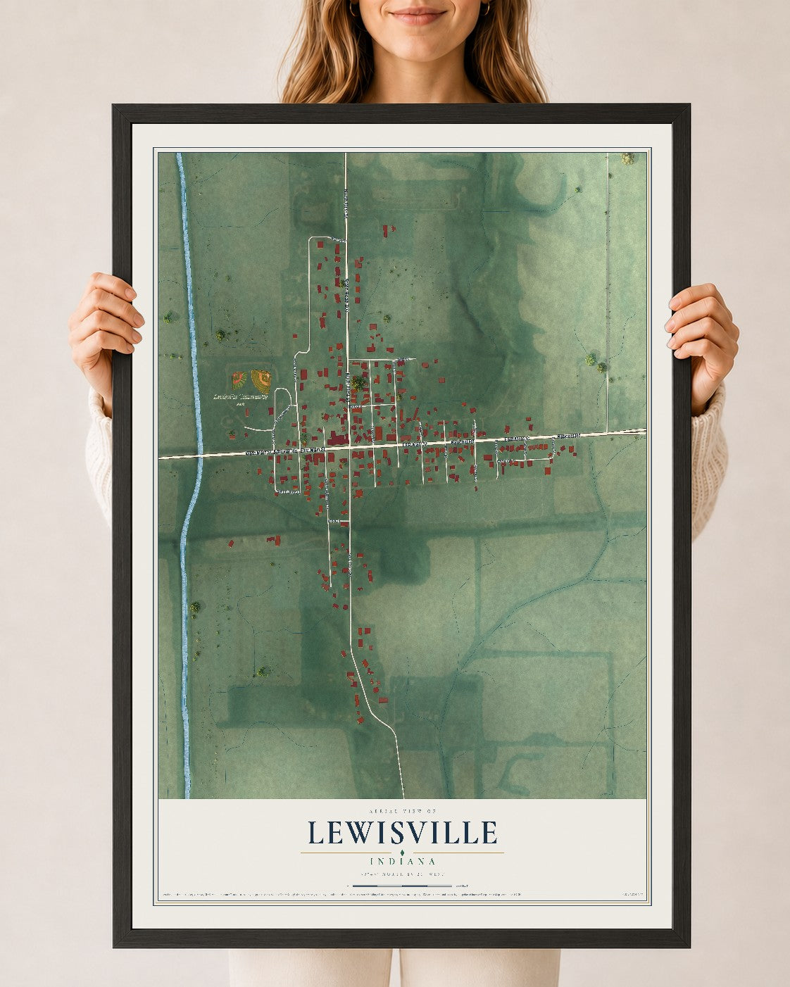 Map of Lewisville, Indiana, 24 x 36 inch print in a black wood frame