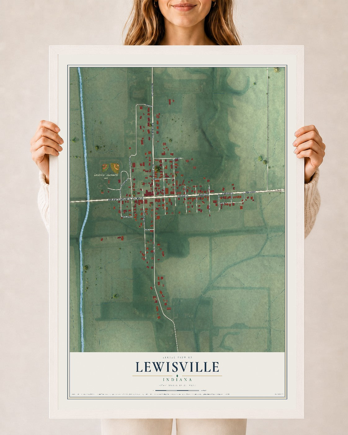 Map of Lewisville, Indiana, 24 x 36 inch print in a white wood frame