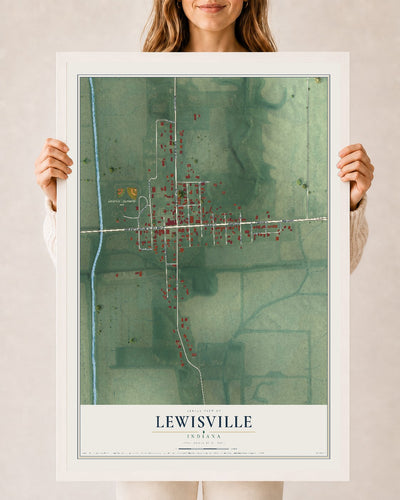 Map of Lewisville, Indiana, 24 x 36 inch print in a white wood frame