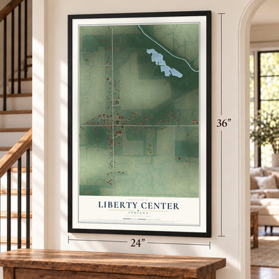 Liberty Center, Indiana map, 24 x 36 inch print in a black frame by a staircase