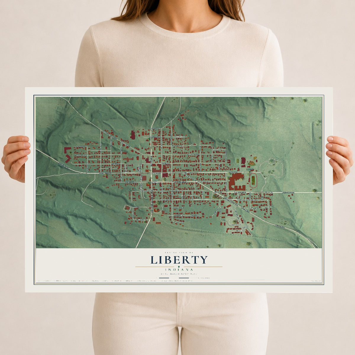 Map of Liberty, Indiana, 12 x 18 inch unframed archival matte print