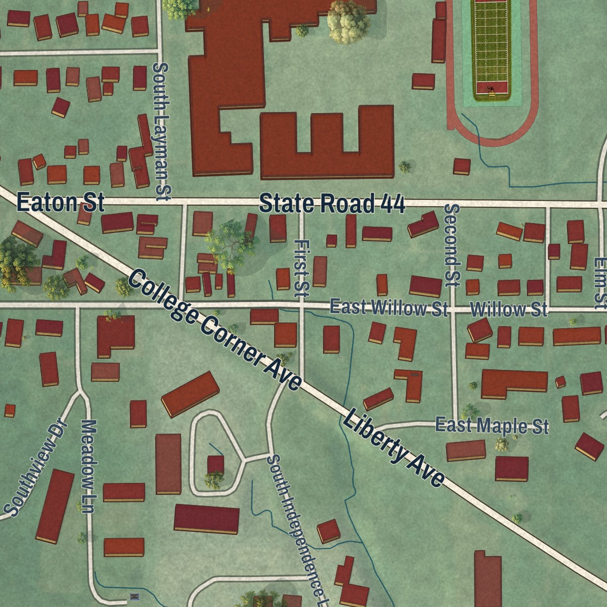 Second close-up of the map of Liberty, Indiana print showing more streets and buildings