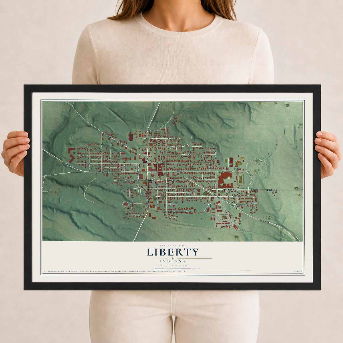 Map of Liberty, Indiana, 12 x 18 inch print in a black wood frame