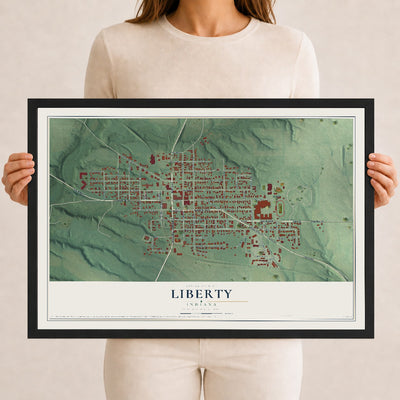 Map of Liberty, Indiana, 12 x 18 inch print in a black wood frame