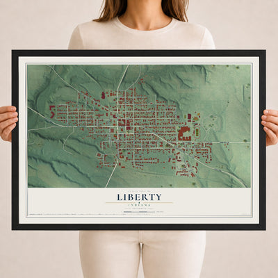 Map of Liberty, Indiana, 18 x 24 inch print in a black wood frame