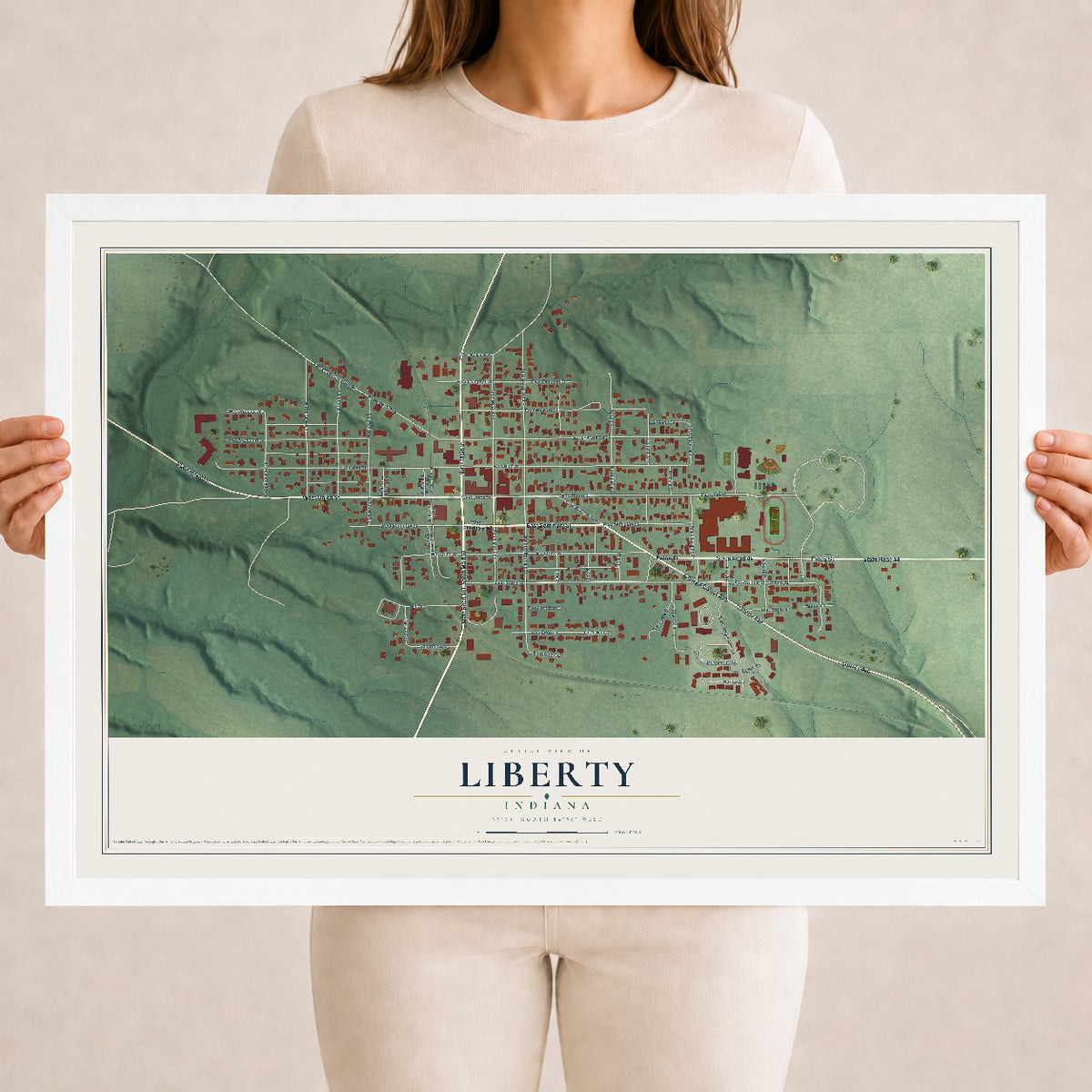 Map of Liberty, Indiana, 18 x 24 inch print in a white wood frame
