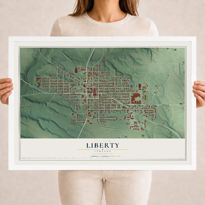 Map of Liberty, Indiana, 18 x 24 inch print in a white wood frame