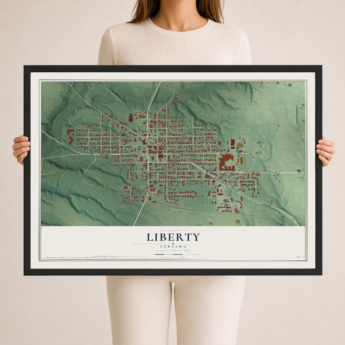 Map of Liberty, Indiana, 24 x 36 inch print in a black wood frame
