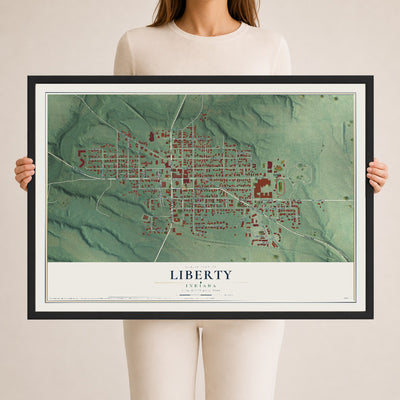 Map of Liberty, Indiana, 24 x 36 inch print in a black wood frame