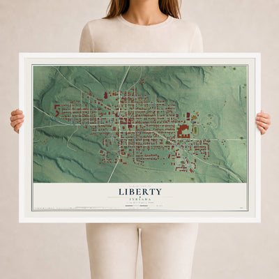 Map of Liberty, Indiana, 24 x 36 inch print in a white wood frame