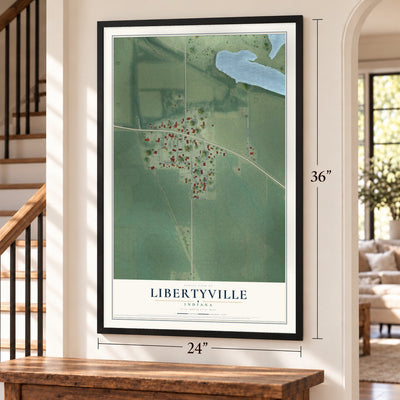 Libertyville, Indiana map, 24 x 36 inch print in a black frame by a staircase