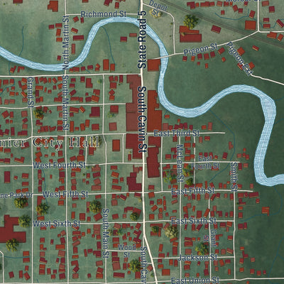 Close-up of the map of Ligonier, Indiana print showing street and building detail