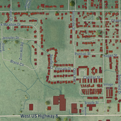 Second close-up of the map of Ligonier, Indiana print showing more streets and buildings