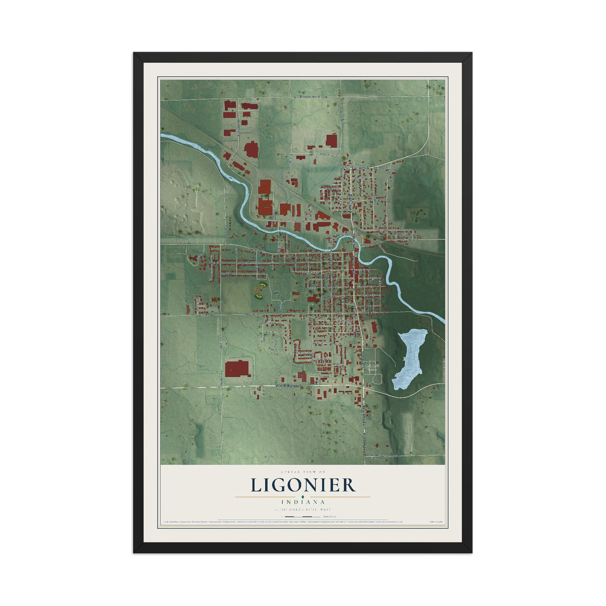 Map of Ligonier, Indiana, 12 x 18 inch print in a black wood frame