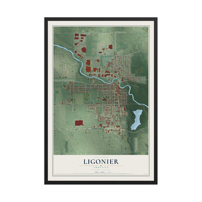 Map of Ligonier, Indiana, 12 x 18 inch print in a black wood frame