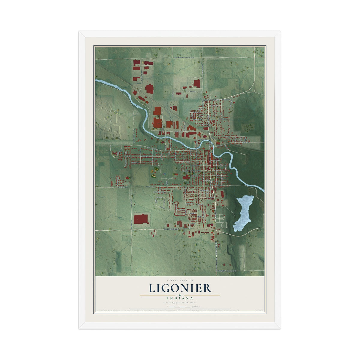 Map of Ligonier, Indiana, 12 x 18 inch print in a white wood frame