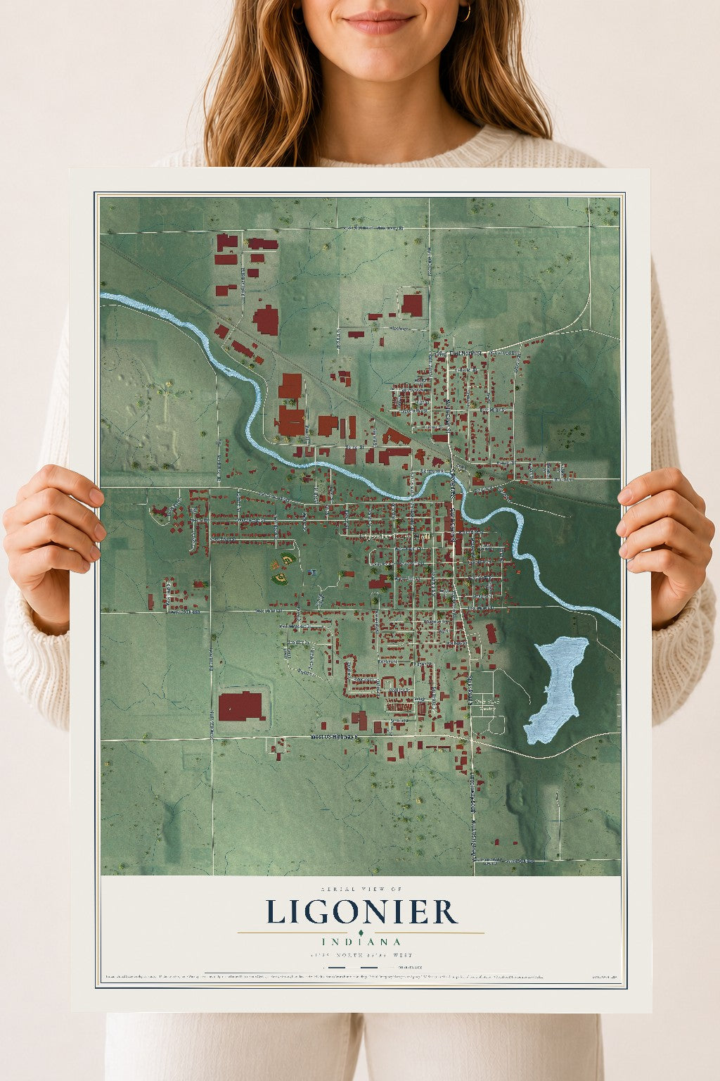 Map of Ligonier, Indiana, 18 x 24 inch unframed archival matte print