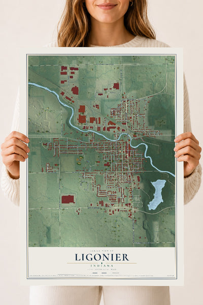 Map of Ligonier, Indiana, 18 x 24 inch unframed archival matte print