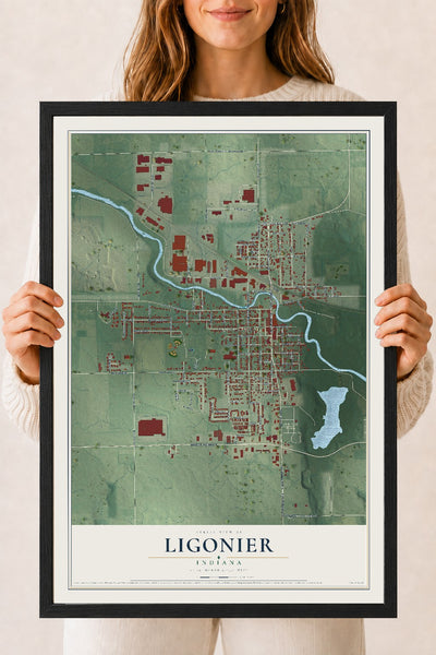 Map of Ligonier, Indiana, 18 x 24 inch print in a black wood frame