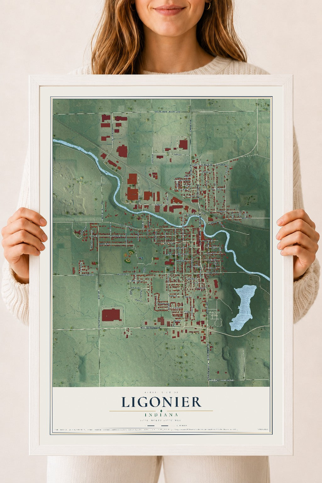 Map of Ligonier, Indiana, 18 x 24 inch print in a white wood frame