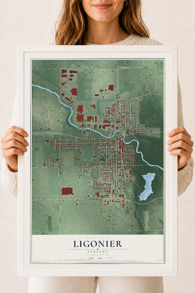 Map of Ligonier, Indiana, 18 x 24 inch print in a white wood frame