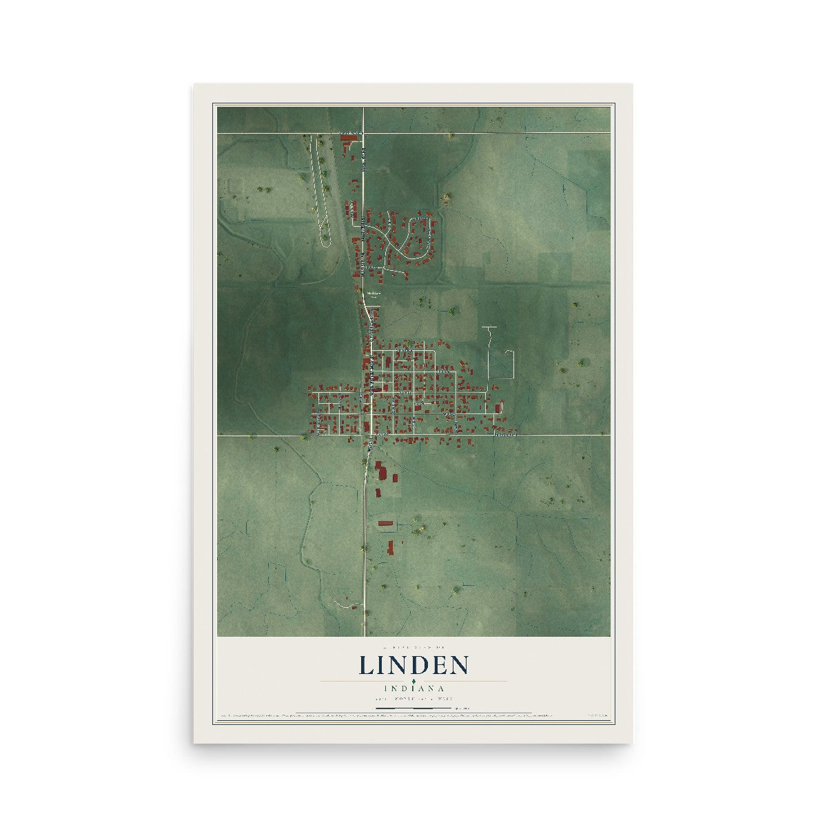 Map of Linden, Indiana, 12 x 18 inch unframed archival matte print