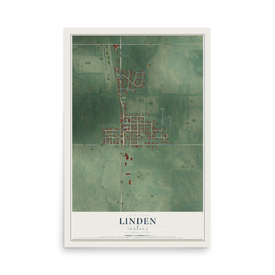 Map of Linden, Indiana, 12 x 18 inch unframed archival matte print