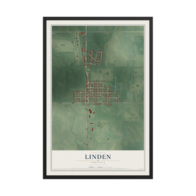 Map of Linden, Indiana, 12 x 18 inch print in a black wood frame