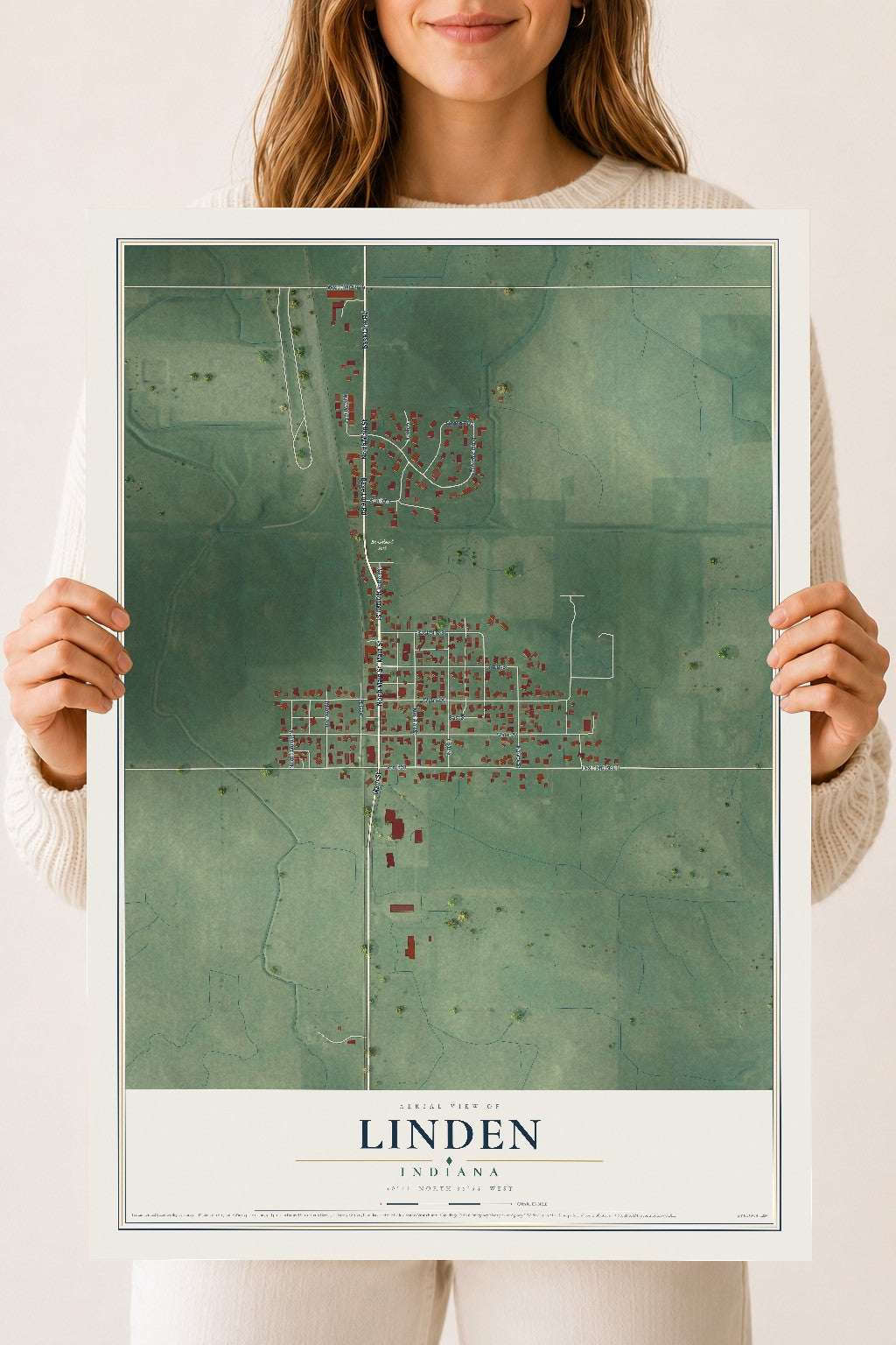 Map of Linden, Indiana, 18 x 24 inch unframed archival matte print