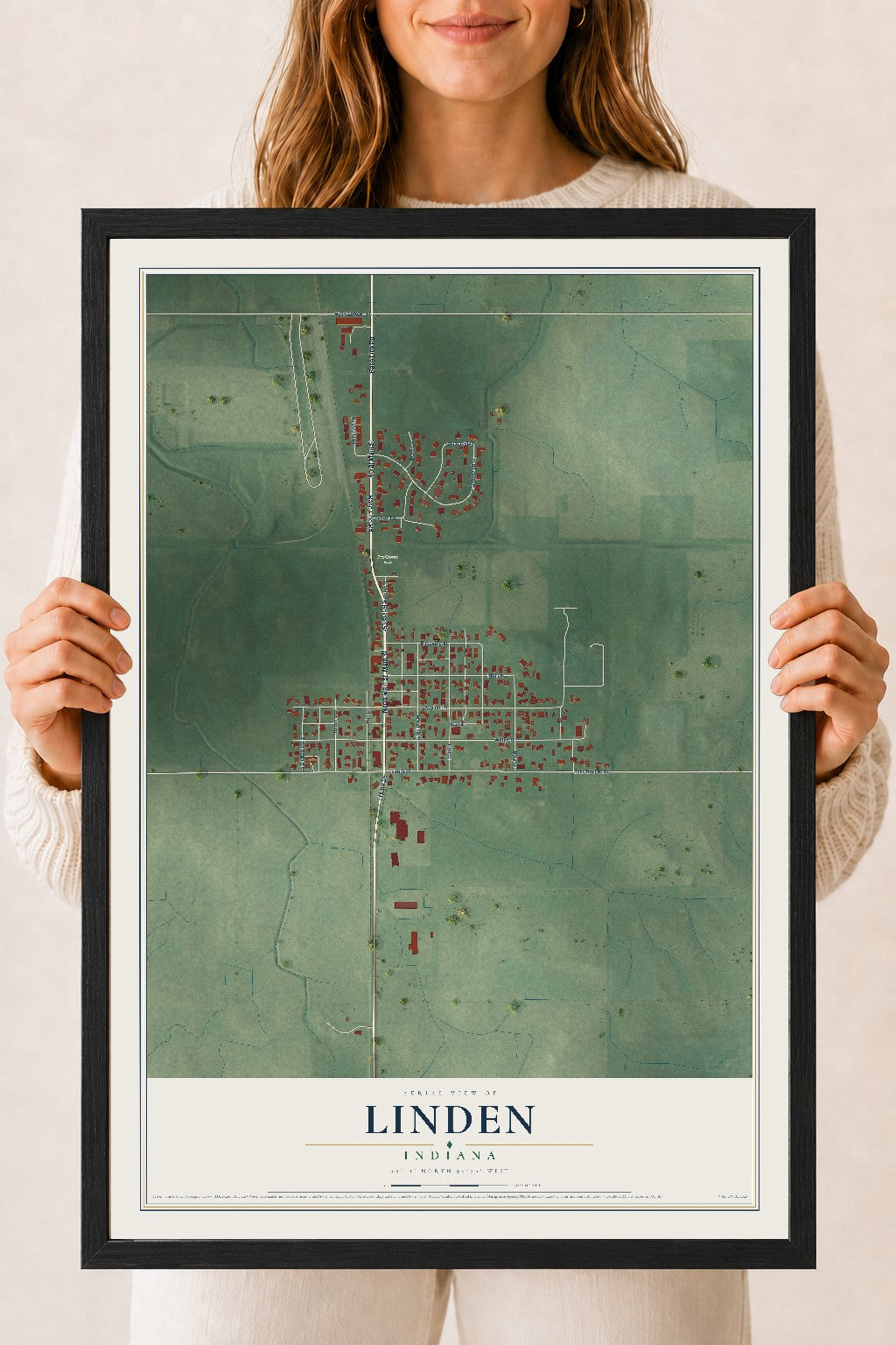 Map of Linden, Indiana, 18 x 24 inch print in a black wood frame