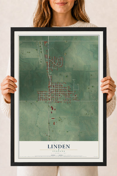 Map of Linden, Indiana, 18 x 24 inch print in a black wood frame