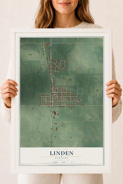 Map of Linden, Indiana, 18 x 24 inch print in a white wood frame
