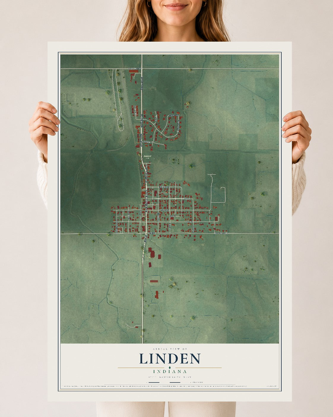 Map of Linden, Indiana, 24 x 36 inch unframed archival matte print