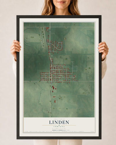 Map of Linden, Indiana, 24 x 36 inch print in a black wood frame
