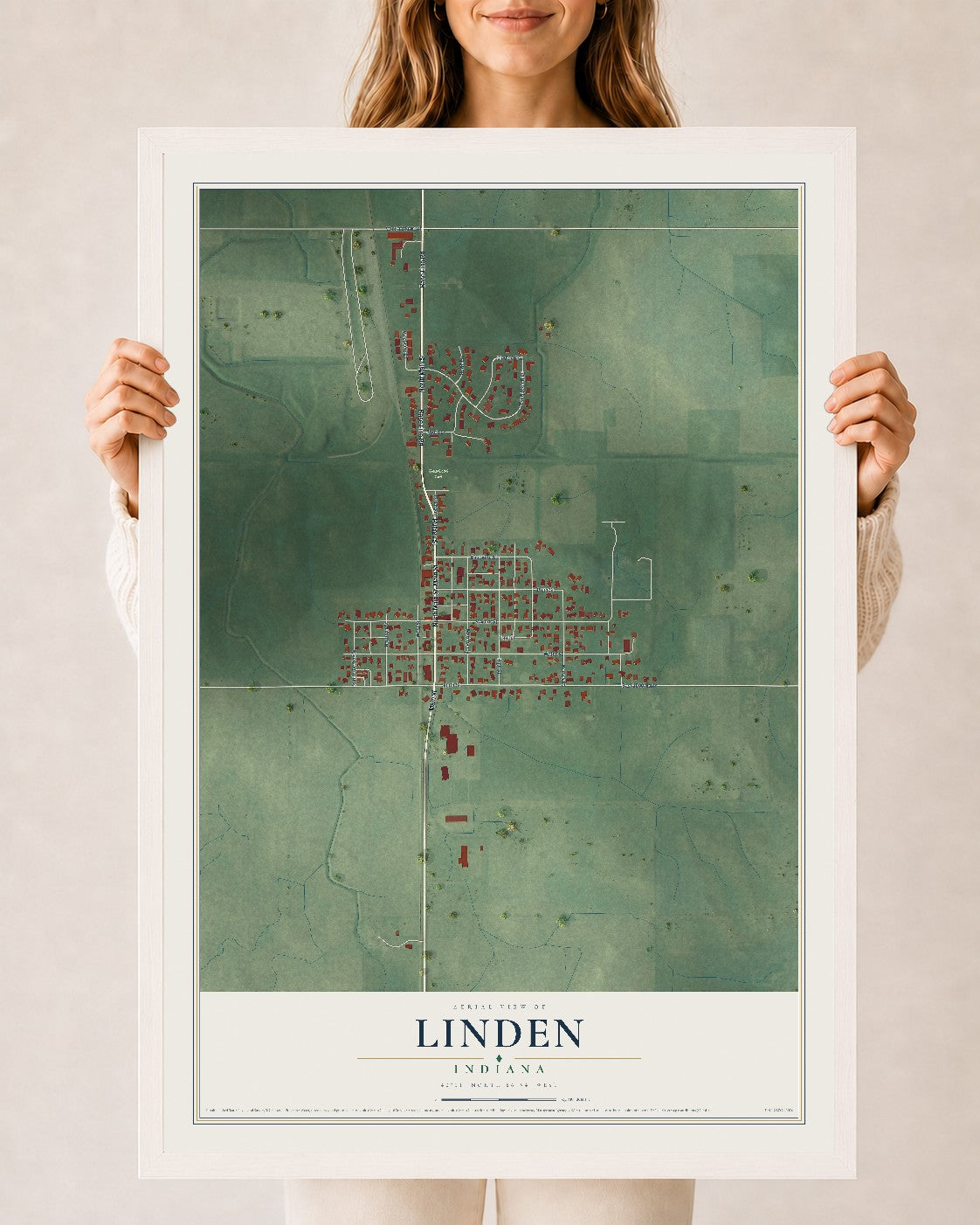 Map of Linden, Indiana, 24 x 36 inch print in a white wood frame