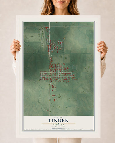 Map of Linden, Indiana, 24 x 36 inch print in a white wood frame