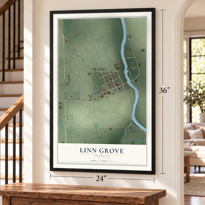 Linn Grove, Indiana map, 24 x 36 inch print in a black frame by a staircase