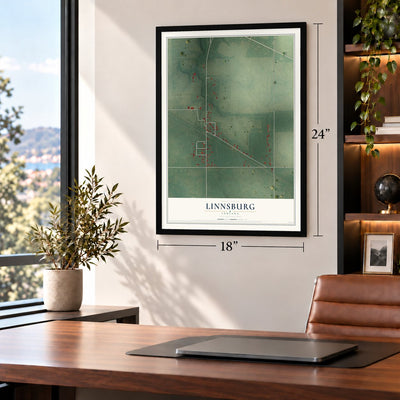 Linnsburg, Indiana map, 18 x 24 inch print in a black frame in a home office
