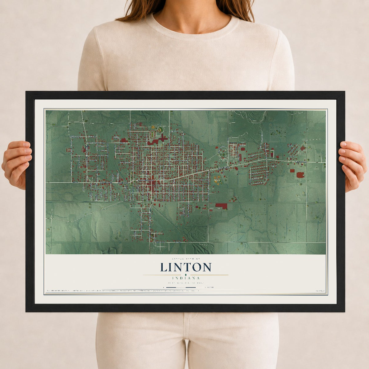 Map of Linton, Indiana, 12 x 18 inch print in a black wood frame
