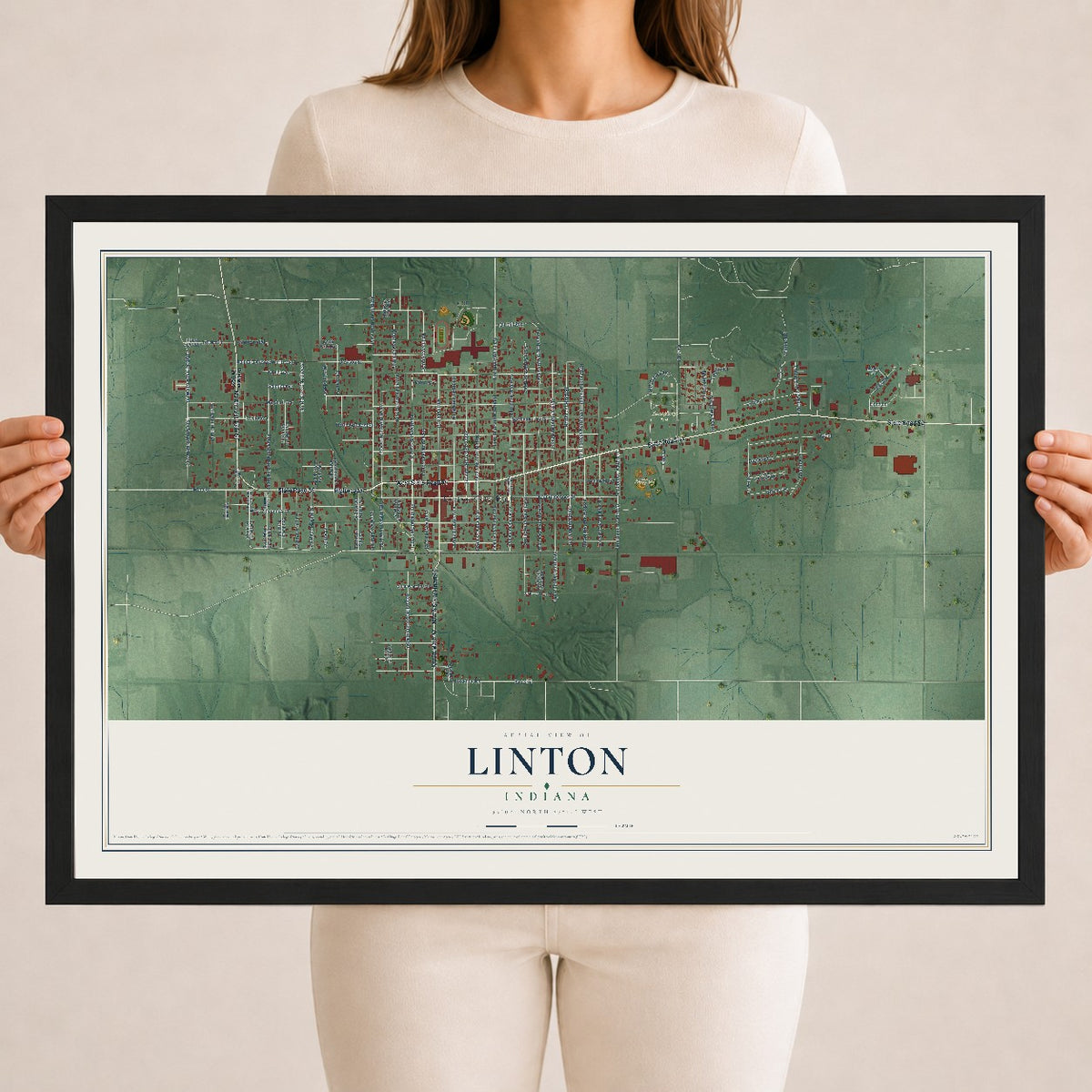 Map of Linton, Indiana, 18 x 24 inch print in a black wood frame