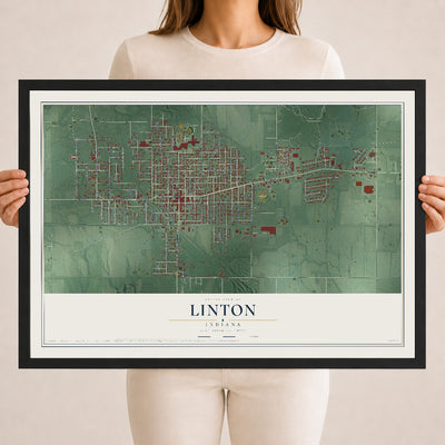 Map of Linton, Indiana, 18 x 24 inch print in a black wood frame