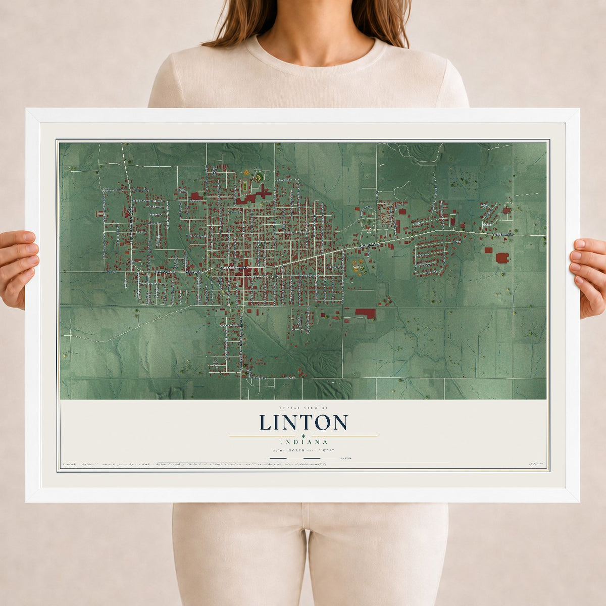 Map of Linton, Indiana, 18 x 24 inch print in a white wood frame